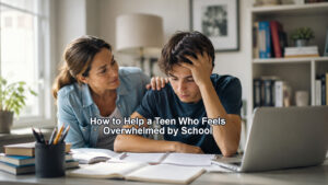 Teen overwhelmed by school receiving calm support from a parent