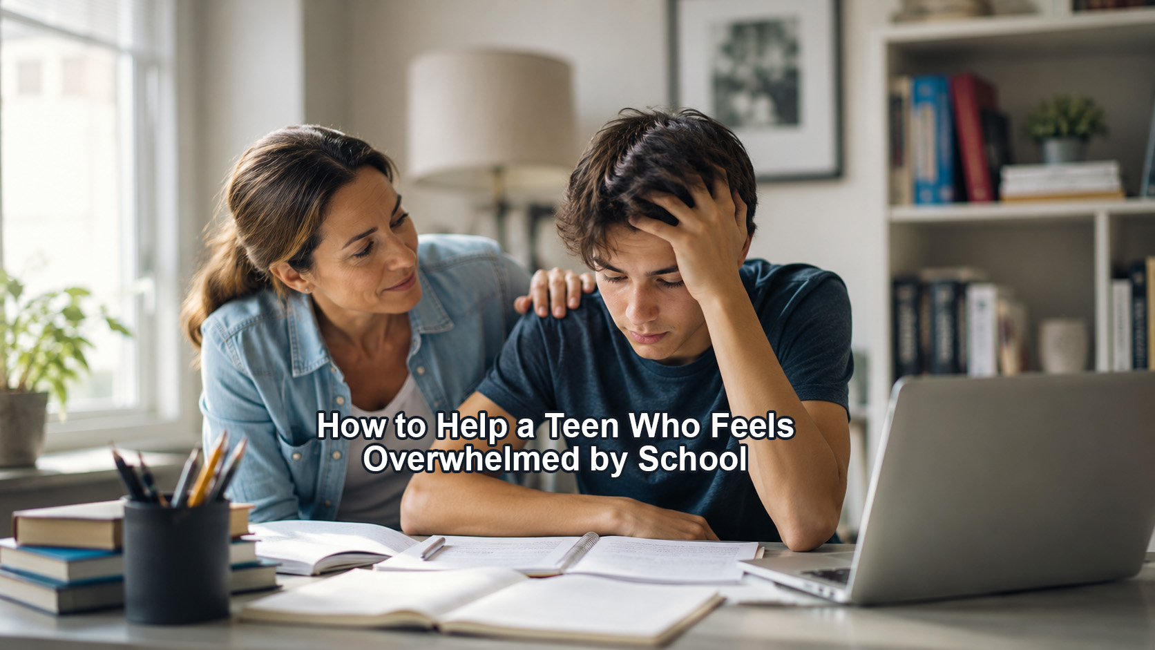 Teen overwhelmed by school receiving calm support from a parent
