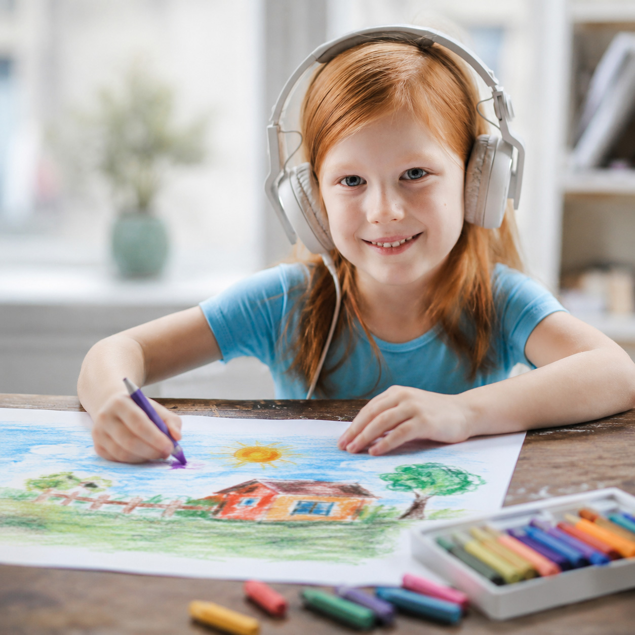 creative girl drawing with headphones - online art classes for kids