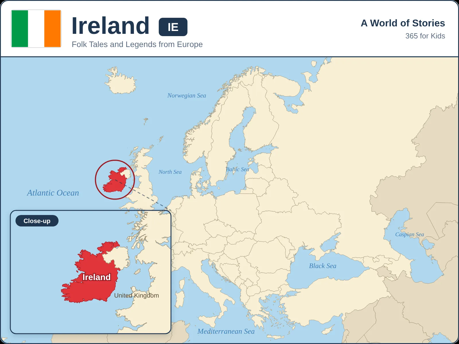 Map showing where Ireland is in Europe
