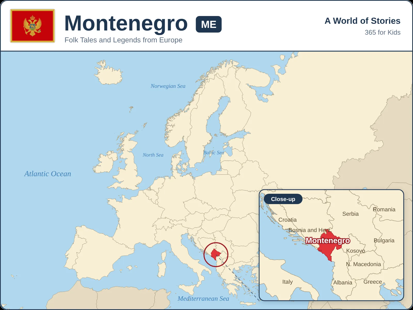 Map showing where Montenegro is in Europe